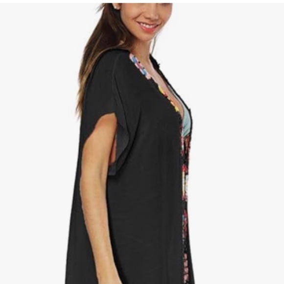 Bsubseach Floral Patchwork Deep V Neck Crochet Cover Up Short Sleeve Dress - Picture 5 of 16